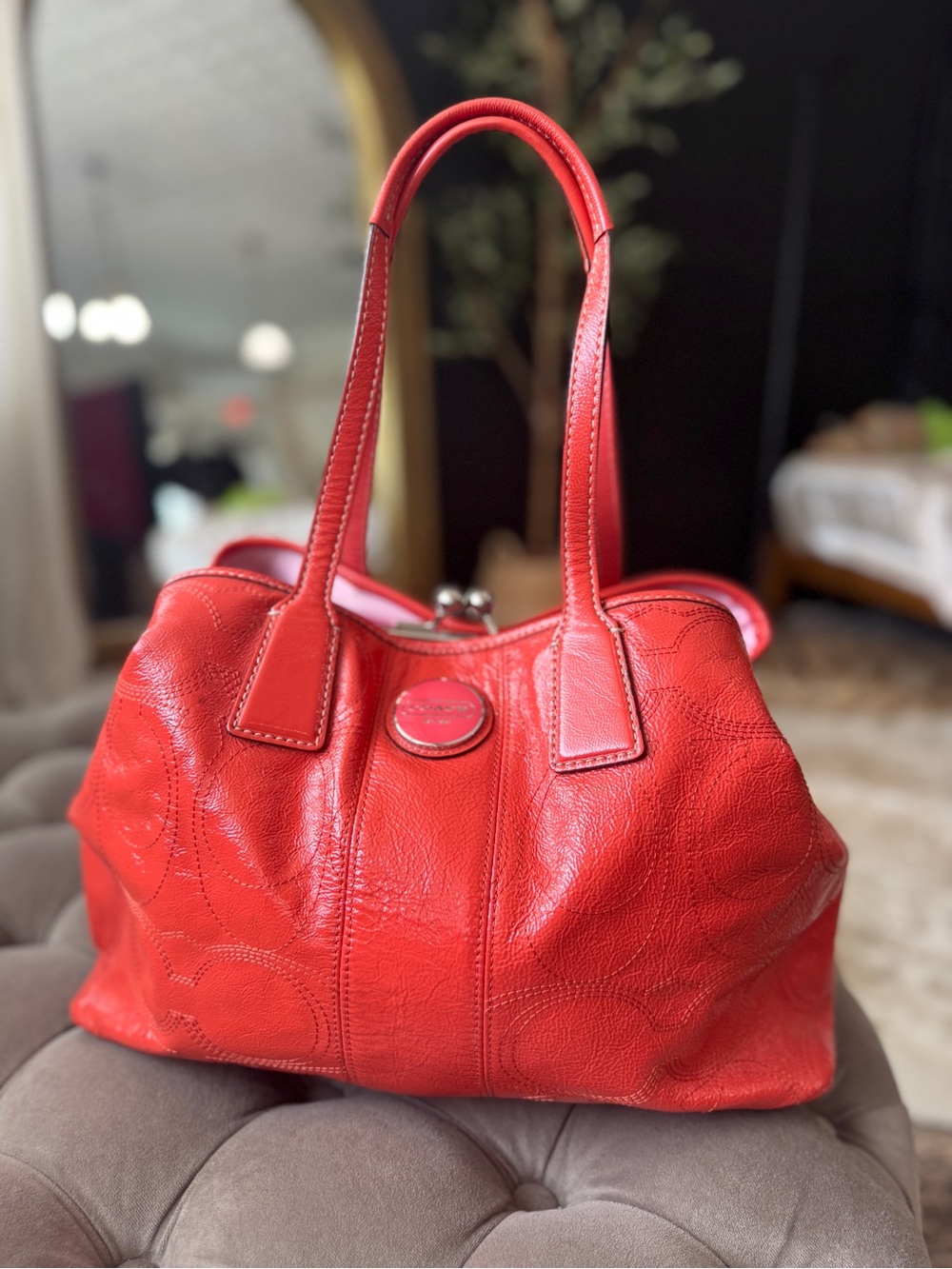 Vintage Coach KISSLOCK Red Leather Shoulder Bag